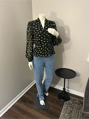 Banana Republic Black Sheer Floral Blouse with Yellow Accent